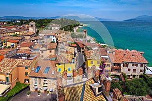 Aerial view with Sirmione resort, lake Garda, Lombardy, Italy