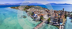 Aerial view of Sirmione village and castle, Garda lake, Italy