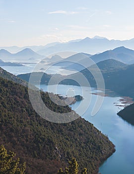 Aerial view of Skadar Lake National park panoramic landscape, Montenegro, Skadarsko jezero, also called Shkodra or Scutari, with