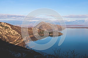 Aerial view of Skadar Lake National park panoramic landscape, Montenegro, Skadarsko jezero, also called Shkodra or Scutari, with