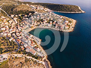 Aerial view of Skala Marion town in Thasos Island, Greece, at sunset
