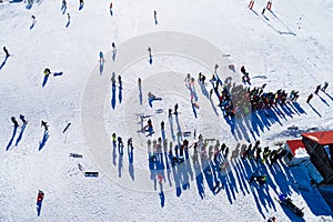 Aerial View of skiers at Ski Resort Vasilitsa in the mountain ra