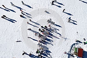 Aerial View of skiers at Ski Resort Vasilitsa in the mountain ra