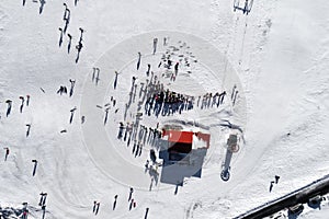 Aerial View of skiers at Ski Resort Vasilitsa in the mountain ra