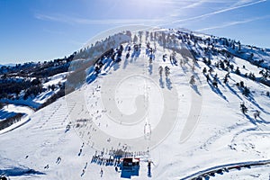 Aerial View of skiers at Ski Resort Vasilitsa in the mountain ra