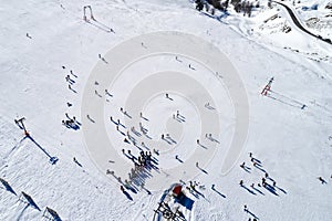 Aerial View of skiers at Ski Resort Vasilitsa in the mountain ra