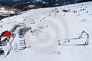 Aerial View of skiers at Ski Resort Vasilitsa in the mountain ra