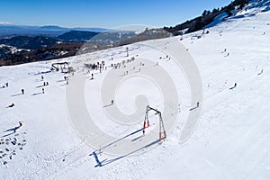Aerial View of skiers at Ski Resort Vasilitsa in the mountain ra