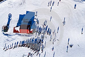 Aerial View of skiers at Ski Resort Vasilitsa in the mountain ra