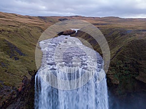 Aerial view of Skogafoss waterfall, Iceland by drone