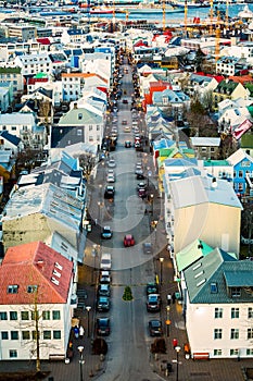 Aerial view of Skolavordustigur street in downtown Reykjavik. photo