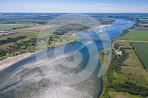 Aerial view of the Sky Trail Bridge by Lake Diefenbaker in Saskatchewan, Canada