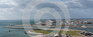 Aerial view of Skydive Dubai Palm Drop zone at JBR Beach with the runway environment, control tower