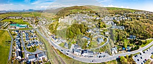 Aerial view of the skyline of Harlech with it`s 12th century castle, Wales, United Kingdom