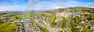 Aerial view of the skyline of Harlech with it`s 12th century castle, Wales, United Kingdom