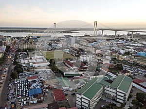 Aerial view of skyline of Maputo with Golden Gate Bridge on the horizon, Mozambique