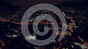 Aerial view of the skyline of Moscow at night, Russia. View from the south western suburbs towards city centre