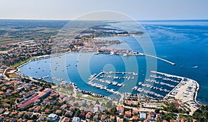 Aerial view of the skyline of Umag near the seawater in Istria, Croatia