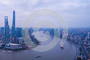 Aerial view of skyscraper and high-rise office buildings in Shanghai Downtown, China. Financial district and business centers in