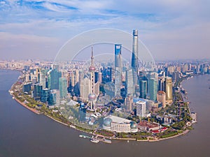 Aerial view of skyscraper and high-rise office buildings in Shanghai Downtown, China. Financial district and business centers in