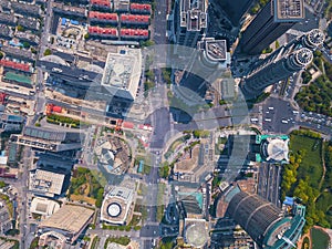 Aerial view of skyscraper and high-rise office buildings in Shanghai Downtown, China. Financial district and business centers in