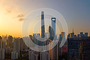 Aerial view of skyscraper and high-rise office buildings in Shanghai Downtown, China. Financial district and business centers in