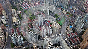 Aerial view of skyscraper and high-rise office buildings in Shanghai Downtown, China. Financial district and business centers in