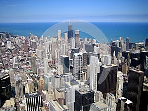 Aerial view of skyscrapers in city of Chicago, IL