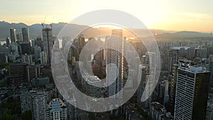 Aerial view of the skyscrapers in Downtown of Vancouver at dawn, Canada