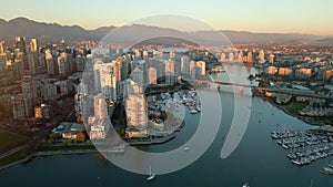 Aerial view of the skyscrapers in Downtown of Vancouver at sunset, Canada