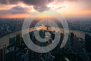 Aerial view of the skyscrapers of Pudong and huangpu River. Shanghai, China