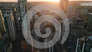 Aerial view of the skyscrapers at sunset. Vancouver, Canada.