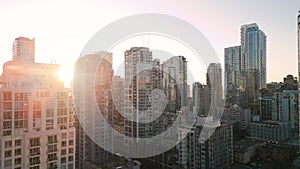 Aerial view of the skyscrapers at sunset. Vancouver, Canada.