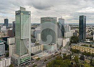 Aerial view of skyscrapers in Warsaw downtown. View of cityscape from the terrace on 30th floor of PKiN photo