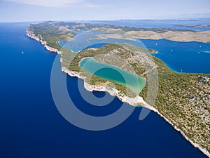 aerial view of the Slano lake in nature park Telascica, Croatia,