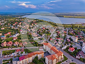 Aerial view of Slatina city and river Olt, Romania