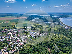 Aerial view of Slatina city and river Olt, Romania