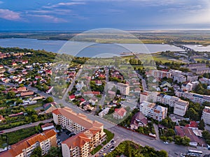 Aerial view of Slatina city and river Olt, Romania