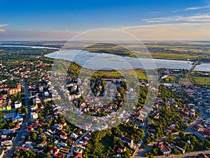 Aerial view of Slatina city and river Olt, Romania