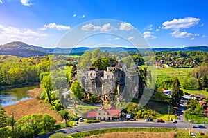 Aerial view of Sloup Castle in Northern Bohemia, Czechia. Sloup rock castle in the small town of Sloup v Cechach, in the Liberec
