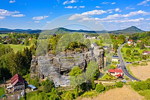 Aerial view of Sloup Castle in Northern Bohemia, Czechia. Sloup rock castle in the small town of Sloup v Cechach, in the Liberec