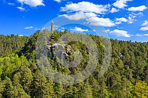 Aerial view of Sloup Castle in Northern Bohemia, Czechia. Sloup rock castle in the small town of Sloup v Cechach, in the Liberec