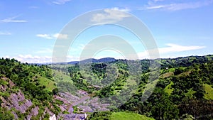 aerial view slowly panorama down of green tropical valley with mountain river