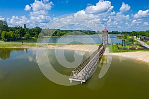 Aerial view of a smal wooden dock on a lake