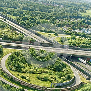 Aerial view from a small aircraft on the A2 motorway in the north of the city of Braunschweig