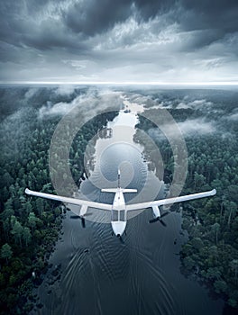 Aerial View of a Small Airplane Flying Over a Serene River Surrounded by Dense Forests Under Moody Skies