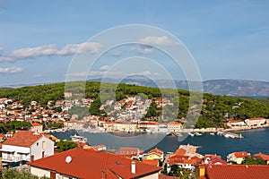 Jelsa - Aerial view of small coastal town Jelsa on Hvar island in Dalmatia, South Croatia, Europe. Coastline of Adriatic Sea