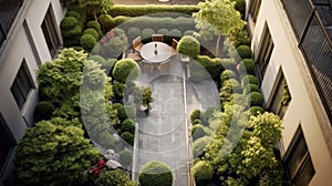 Aerial view of Small courtyard terrace, Simple green shrubs, High end design, Modern
