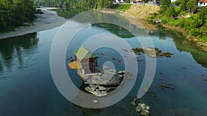 Aerial View, Small Fisherman House on Rock in Drina River, Bajina Basta, Serbia