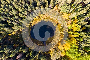 Aerial view of small forest lake Haransilma in Lahti, Finland. The diameter of lake is about 50 meters photo